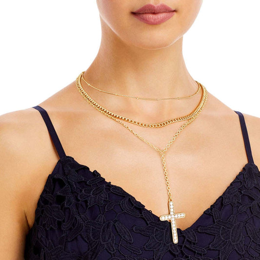 Gold Triple Chain Cross Set|16 inches - Premium Wholesale Jewelry from Pinktown - Just $14! Shop now at chiquestyles