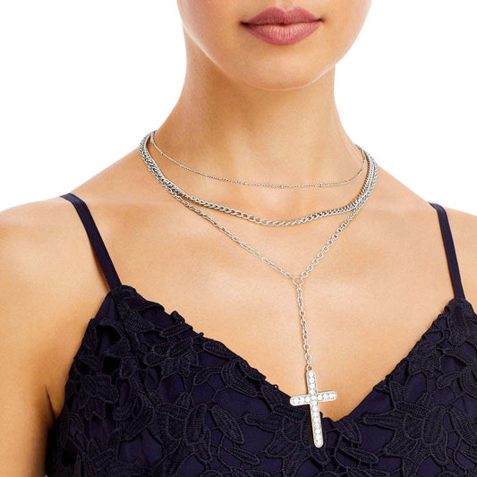 Silver Triple Chain Cross Set|16 inches - Premium Wholesale Jewelry from Pinktown - Just $14! Shop now at chiquestyles