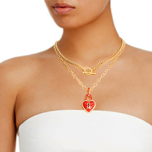 Red Locked Heart Gold Necklace|16 inches - Premium Wholesale Jewelry from Pinktown - Just $12! Shop now at chiquestyles