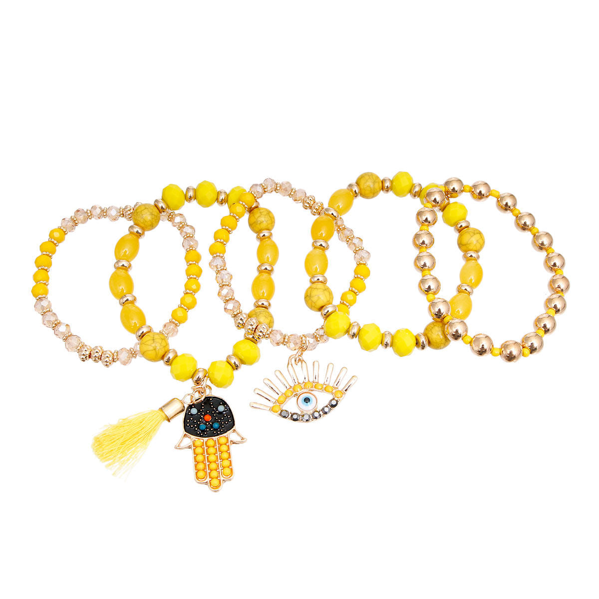 Yellow Evil Eye 5 Pcs Bracelets|Stretch to Fit - Premium Wholesale Jewelry from Pinktown - Just $11! Shop now at chiquestyles