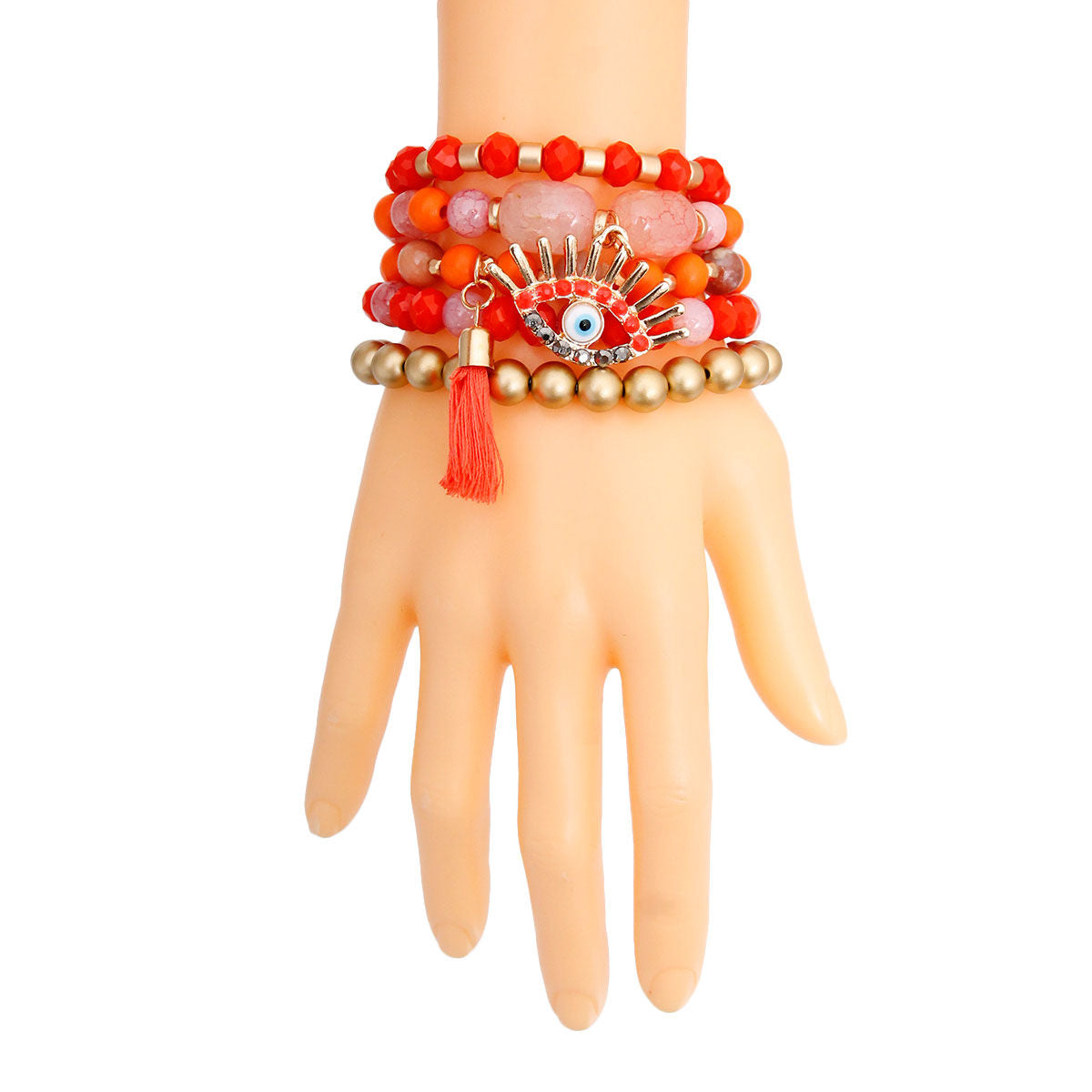 Coral and Matte Gold Evil Eye Bracelets|Stretch to Fit - Premium Wholesale Jewelry from Pinktown - Just $11! Shop now at chiquestyles