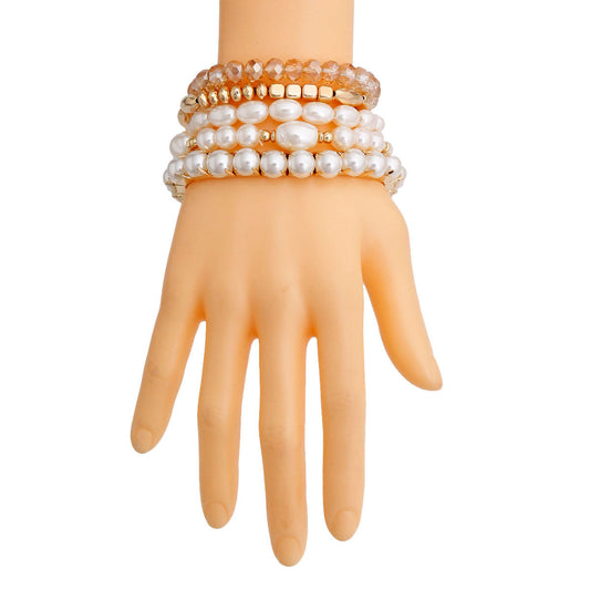 Cream Pearl and Glass Beads Bracelets|Stretch to Fit - Premium Wholesale Jewelry from Pinktown - Just $12! Shop now at chiquestyles