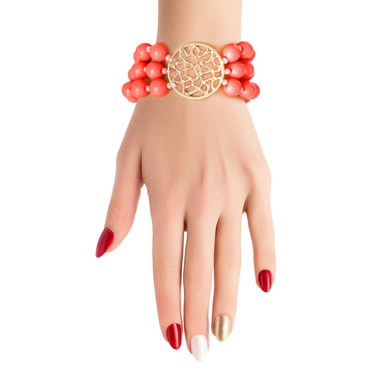 Coral Glass Bead Round Gold Bracelet|Stretch to Fit - Premium Wholesale Jewelry from Pinktown - Just $10! Shop now at chiquestyles