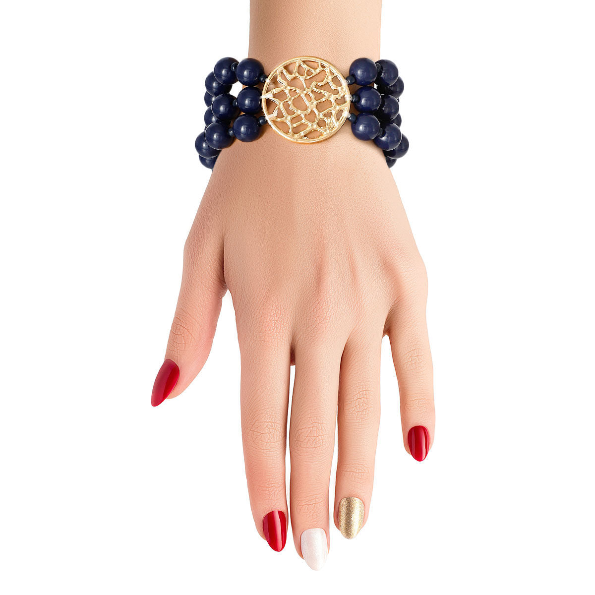 Navy Glass Bead Round Gold Bracelet|Stretch to Fit - Premium Wholesale Jewelry from Pinktown - Just $10! Shop now at chiquestyles