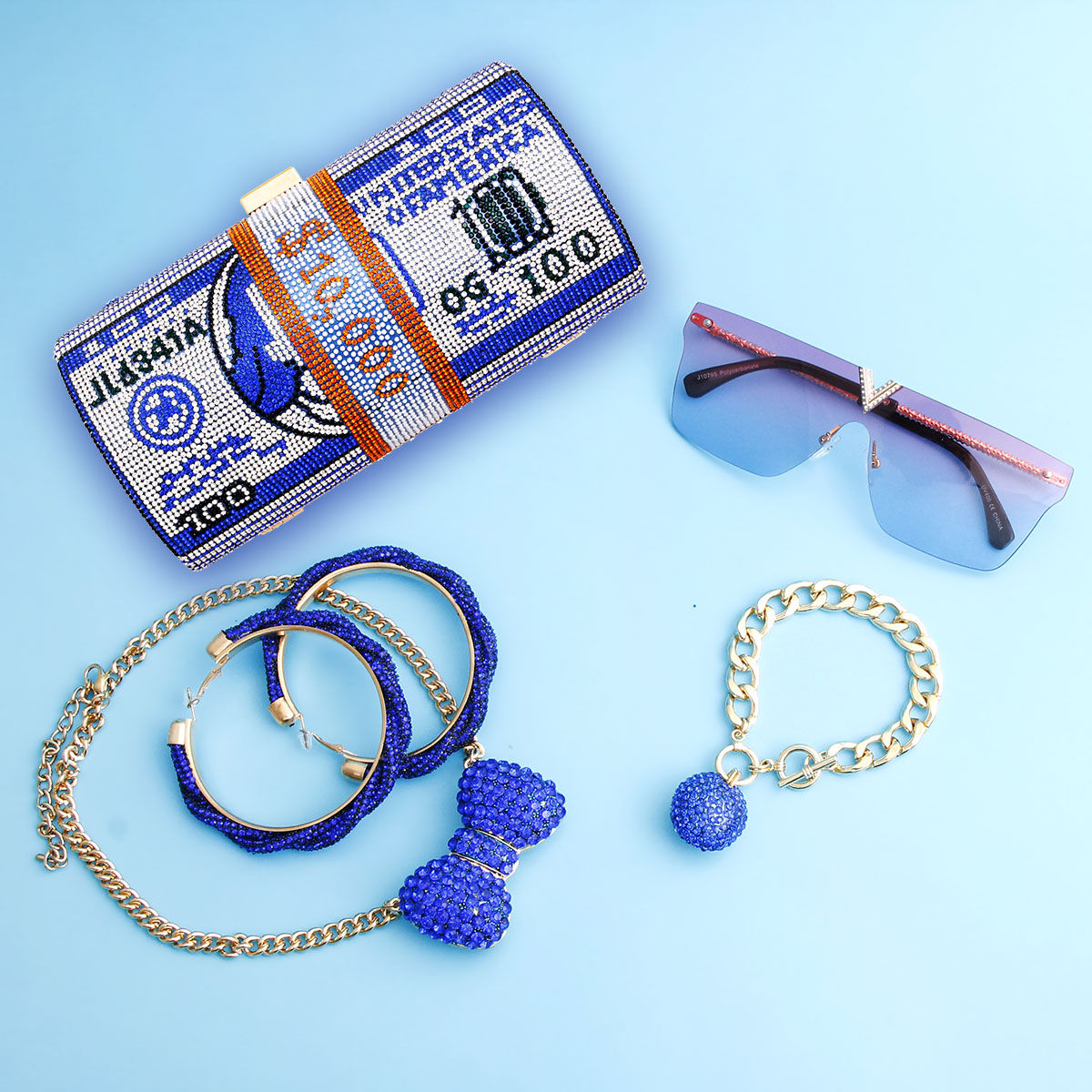 Blue Bling Rolled Benjamins Clutch|7.75 x 4 x 4 inches - Premium Wholesale Fashion Accessories from Pinktown - Just $52! Shop now at chiquestyles