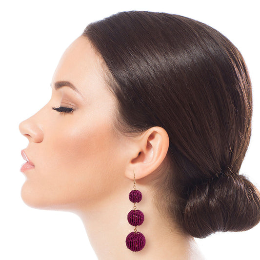 Purple Trio Seed Bead Ball Earrings|3 inches - Premium Wholesale Jewelry from Pinktown - Just $11! Shop now at chiquestyles