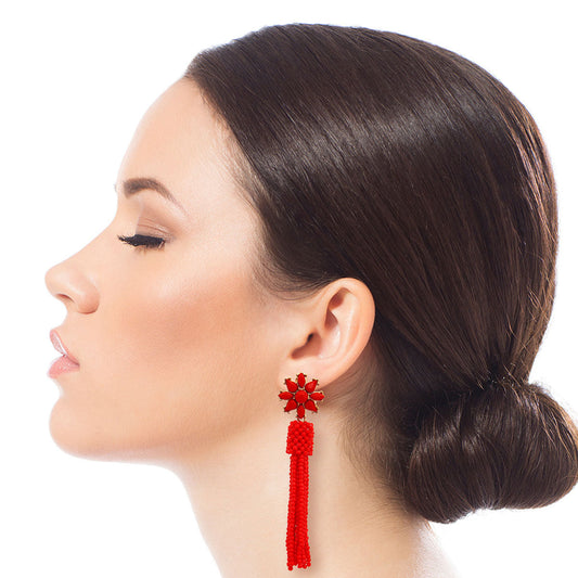 Red Flower Seed Bead Earrings|3.25 inches - Premium Wholesale Jewelry from Pinktown - Just $8! Shop now at chiquestyles