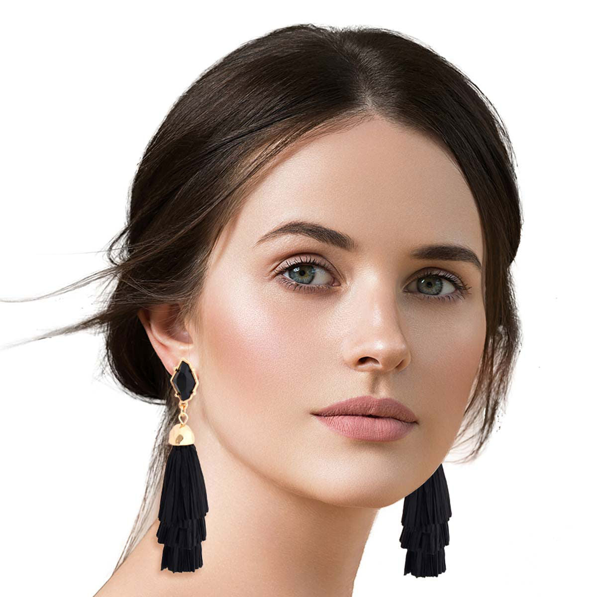Black Raffia Stacked Tassel Earrings|3.15 inches - Premium Wholesale Jewelry from Pinktown - Just $12! Shop now at chiquestyles