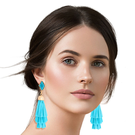 Teal Raffia Stacked Tassel Earrings|3.15 inches - Premium Jewelry from Pinktown - Just $12! Shop now at chiquestyles