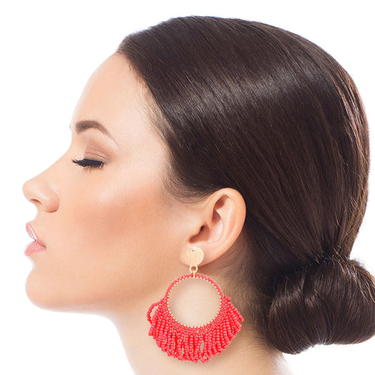 Coral Seed Bead Draped Earrings|2.75 inches - Premium Wholesale Jewelry from Pinktown - Just $8! Shop now at chiquestyles