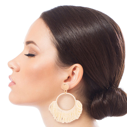 Cream Seed Bead Draped Earrings|2.75 inches - Premium Wholesale Jewelry from Pinktown - Just $8! Shop now at chiquestyles