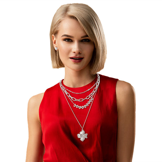 Silver Layered Chain Flower Necklace|16 inches - Premium Wholesale Jewelry from Pinktown - Just $12! Shop now at chiquestyles