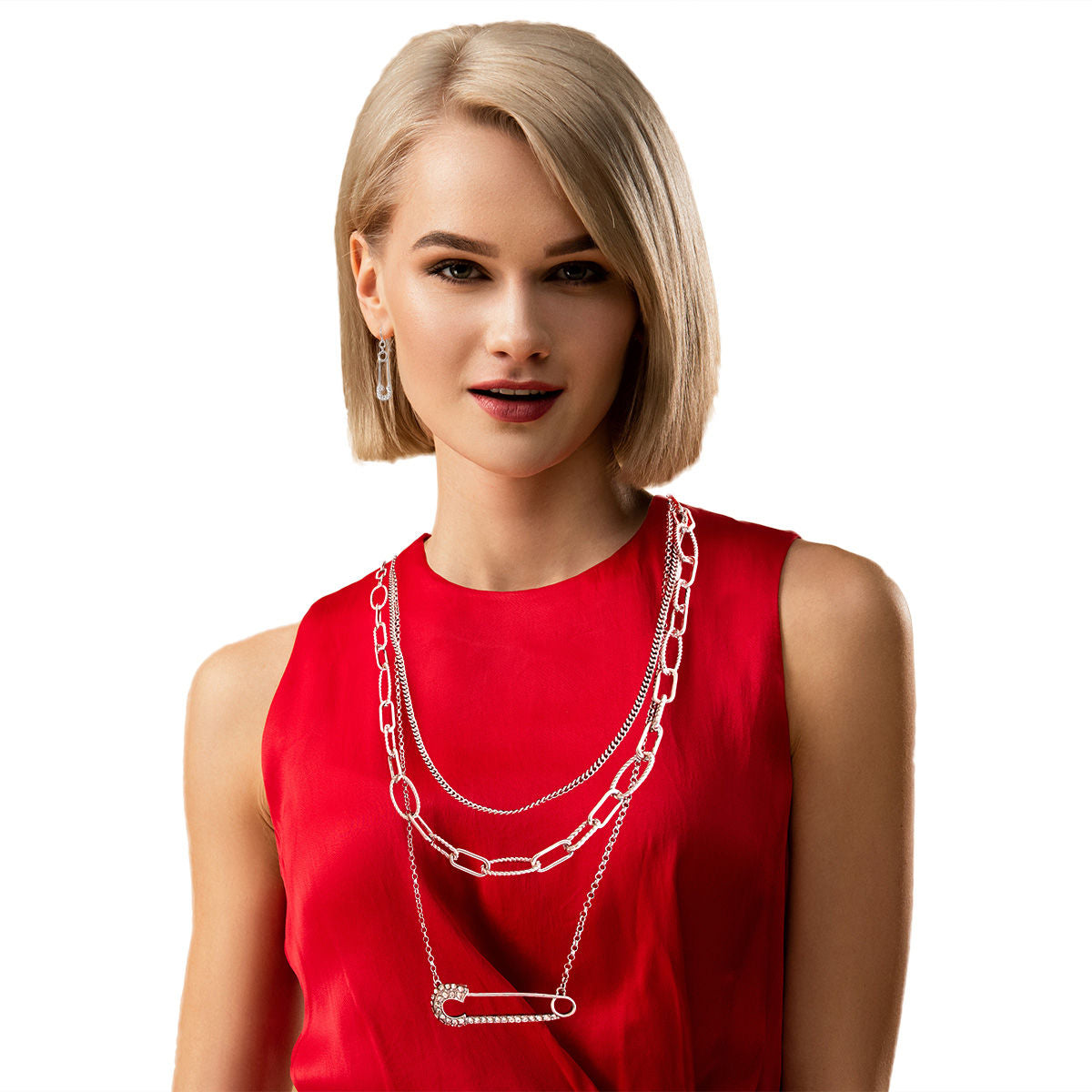 Long Layered Silver Chain Pin Necklace|22 inches - Premium Wholesale Jewelry from Pinktown - Just $17! Shop now at chiquestyles