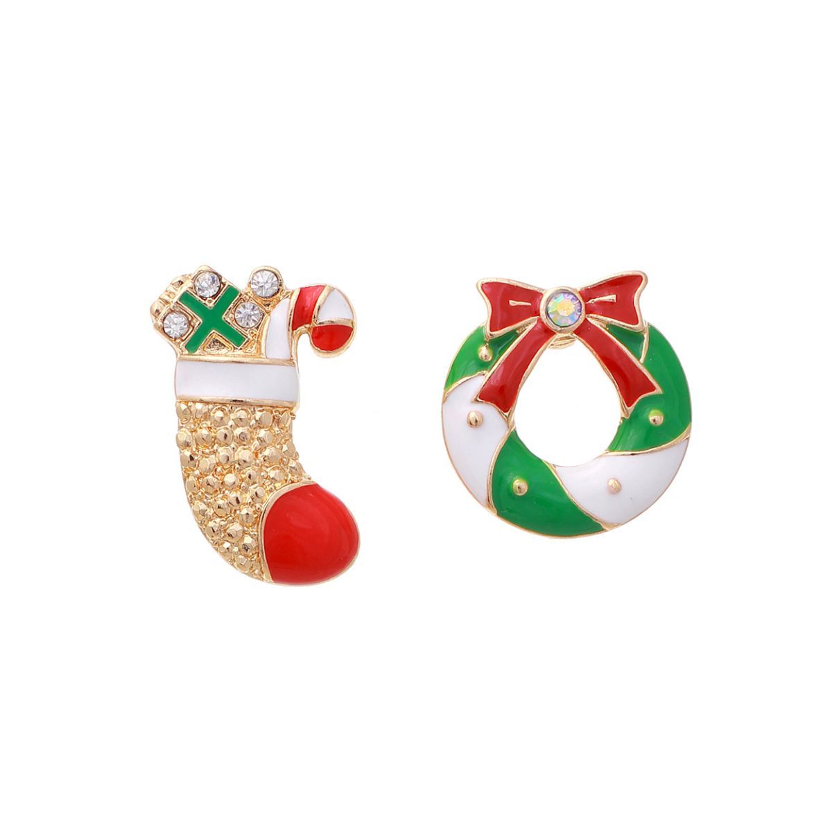 Stocking Wreath Mismatched Studs|1 inch - Premium Wholesale Jewelry from Pinktown - Just $6! Shop now at chiquestyles