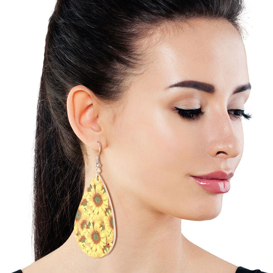 Sunflower Printed Teardrop Earrings|3 inches - Premium Wholesale Jewelry from Pinktown - Just $4! Shop now at chiquestyles