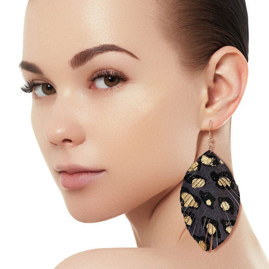 Gray Leopard Leather Feather Earrings|3.75 inches - Premium Wholesale Jewelry from Pinktown - Just $11! Shop now at chiquestyles