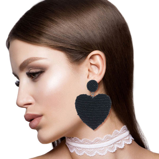 Black Sead Bead Heart Earrings|2.5 inches - Premium Wholesale Jewelry from Pinktown - Just $11! Shop now at chiquestyles