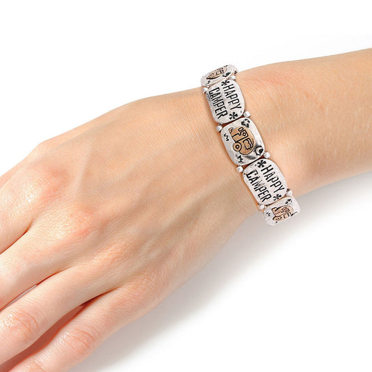Mixed Metal Happy Camper Engraved Bracelet|Stretch to Fit - Premium Wholesale Jewelry from Pinktown - Just $11! Shop now at chiquestyles