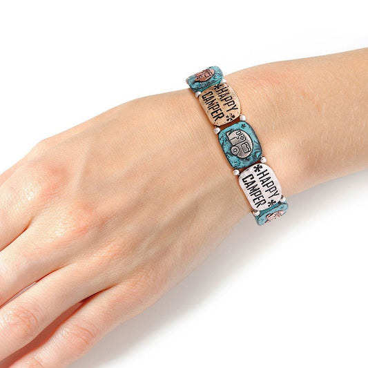 Patina Metal Happy Camper Engraved Bracelet|Stretch to Fit - Premium Wholesale Jewelry from Pinktown - Just $11! Shop now at chiquestyles