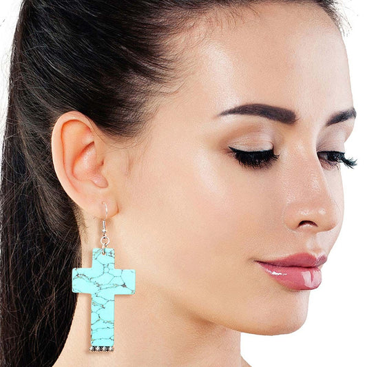 Marbled Turquoise Cross Earrings|2.5 inches - Premium Wholesale Jewelry from Pinktown - Just $12! Shop now at chiquestyles