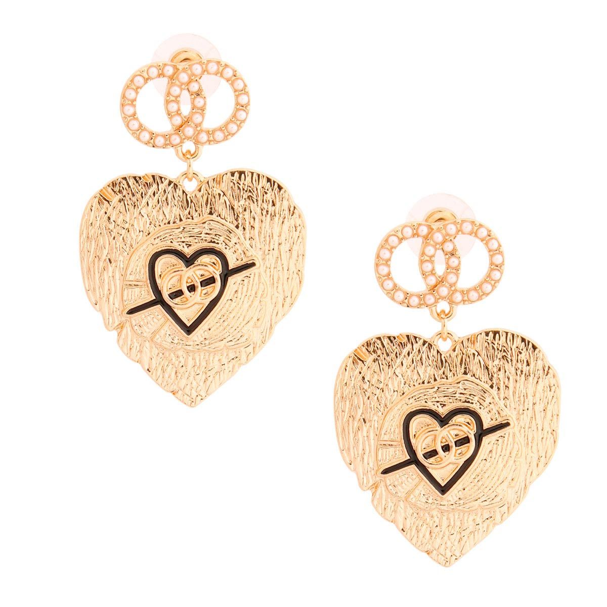 Gold Textured Heart Designer Earrings|1.85 inches - Premium Wholesale Jewelry from Pinktown - Just $10! Shop now at chiquestyles