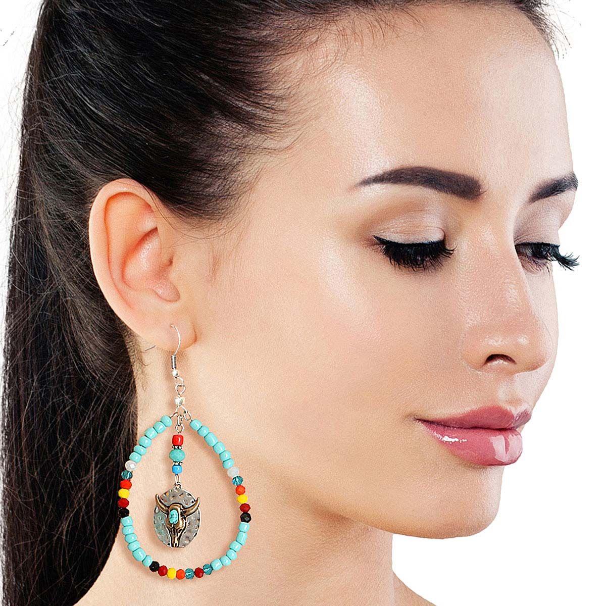 Turquoise Bead Teardrop Longhorn Earrings - Premium Wholesale Jewelry from Pinktown - Just $12! Shop now at chiquestyles