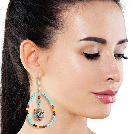 Turquoise Bead Teardrop Longhorn Earrings|2.5 inches - Premium Wholesale Jewelry from Pinktown - Just $12! Shop now at chiquestyles
