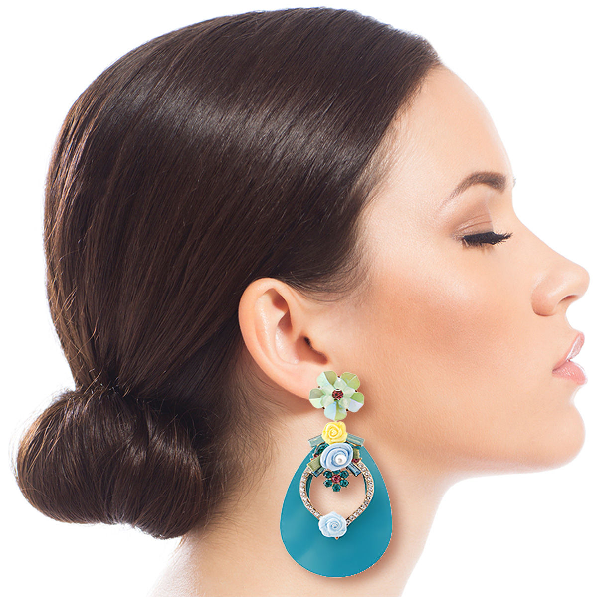Aqua Teardrop Earrings with Rhinestone and Flower Detail|3.25 inches - Premium Wholesale Jewelry from Pinktown - Just $16! Shop now at chiquestyles