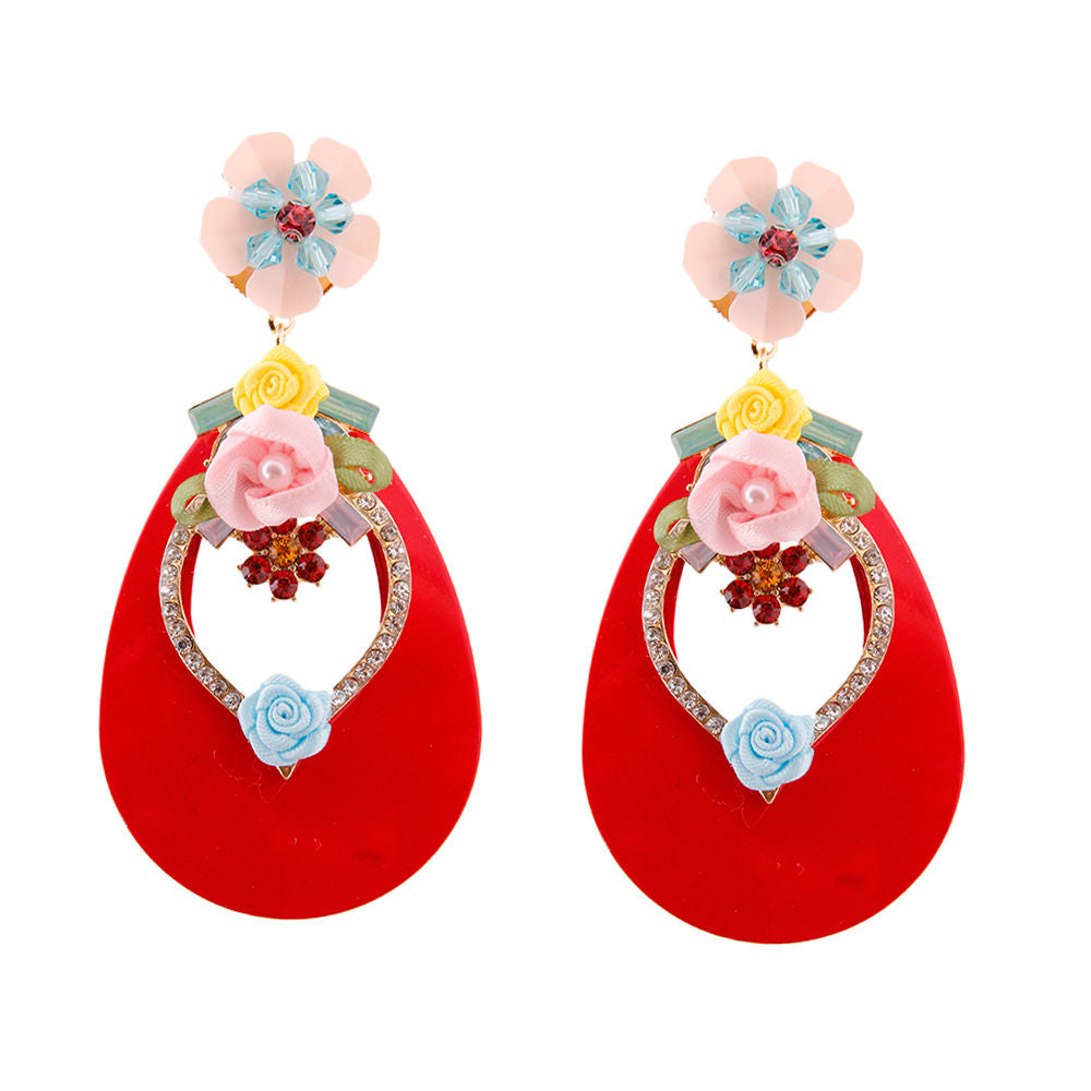 Red Teardrop Earrings with Rhinestone and Flower Detail|3.25 inches - Premium Wholesale Jewelry from Pinktown - Just $16! Shop now at chiquestyles