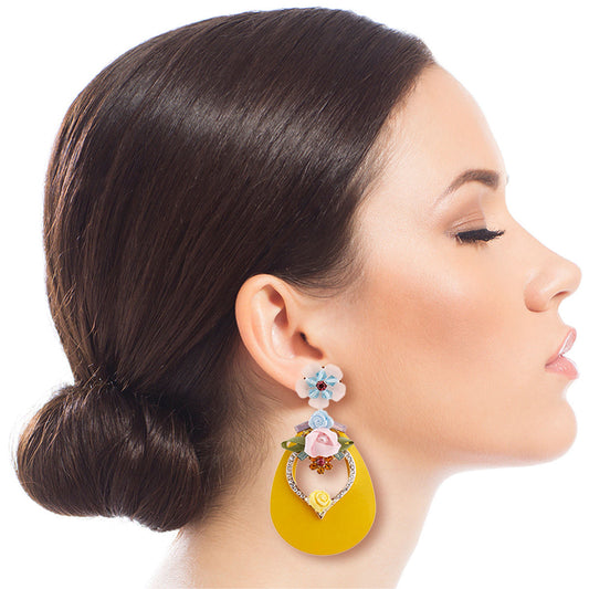 Yellow Teardrop Earrings with Rhinestone and Flower Detail|3.25 inches - Premium Wholesale Jewelry from Pinktown - Just $16! Shop now at chiquestyles