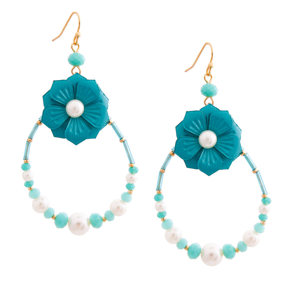 Aqua Flower Teardrop Earrings with Pearl and Bead Detail|3 inches - Premium Wholesale Jewelry from Pinktown - Just $8! Shop now at chiquestyles
