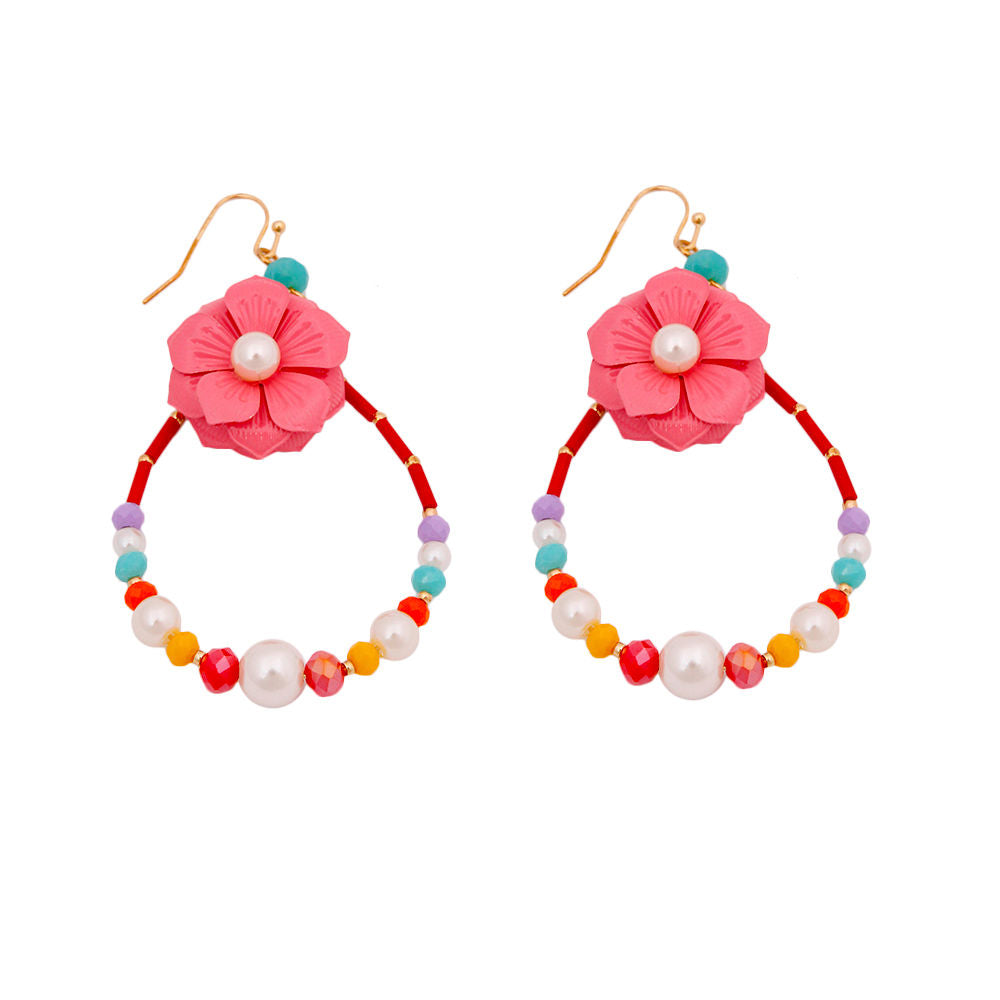 Multi Color Flower Teardrop Earrings with Pearl and Bead Detail|3 inches - Premium Wholesale Jewelry from Pinktown - Just $7! Shop now at chiquestyles