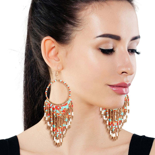 Multi and Gold Bead Fringe Circle Earrings|4.5 inches - Premium Wholesale Jewelry from Pinktown - Just $15! Shop now at chiquestyles