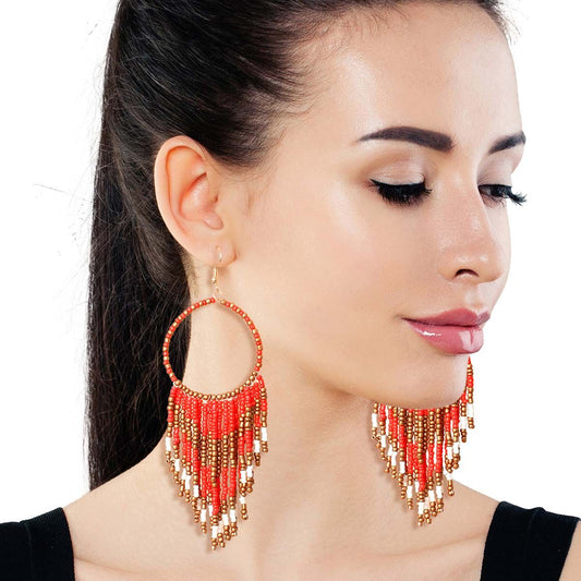Red and Gold Bead Fringe Circle Earrings|4.5 inches - Premium Wholesale Jewelry from Pinktown - Just $15! Shop now at chiquestyles