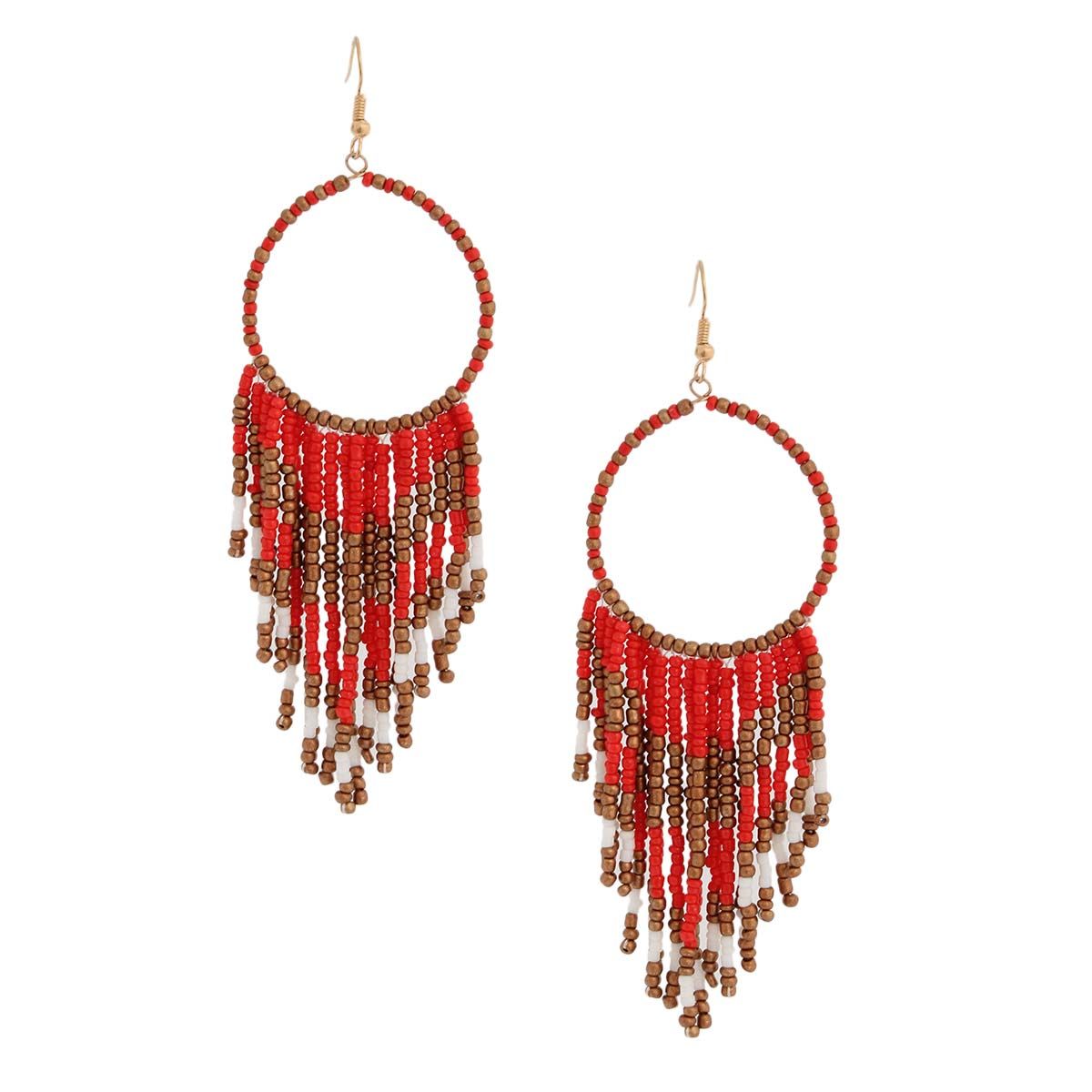 Red and Gold Bead Fringe Circle Earrings|4.5 inches - Premium Wholesale Jewelry from Pinktown - Just $15! Shop now at chiquestyles
