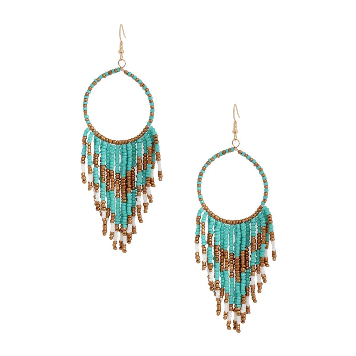 Turquoise and Gold Bead Fringe Circle Earrings - Premium Wholesale Jewelry from Pinktown - Just $15! Shop now at chiquestyles
