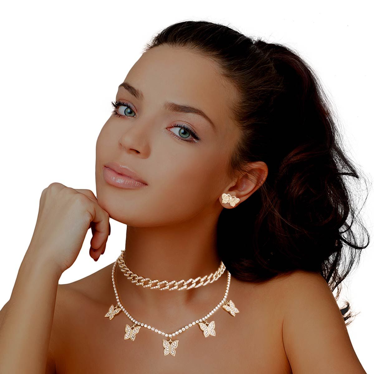 Gold Rhinestone Butterfly Charm Chain 2Pc Set|16 inches - Premium Wholesale Jewelry from Pinktown - Just $21! Shop now at chiquestyles