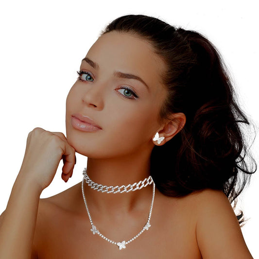 Silver Rhinestone Butterfly Station 2Pc Set|16 inches - Premium Wholesale Jewelry from Pinktown - Just $21! Shop now at chiquestyles