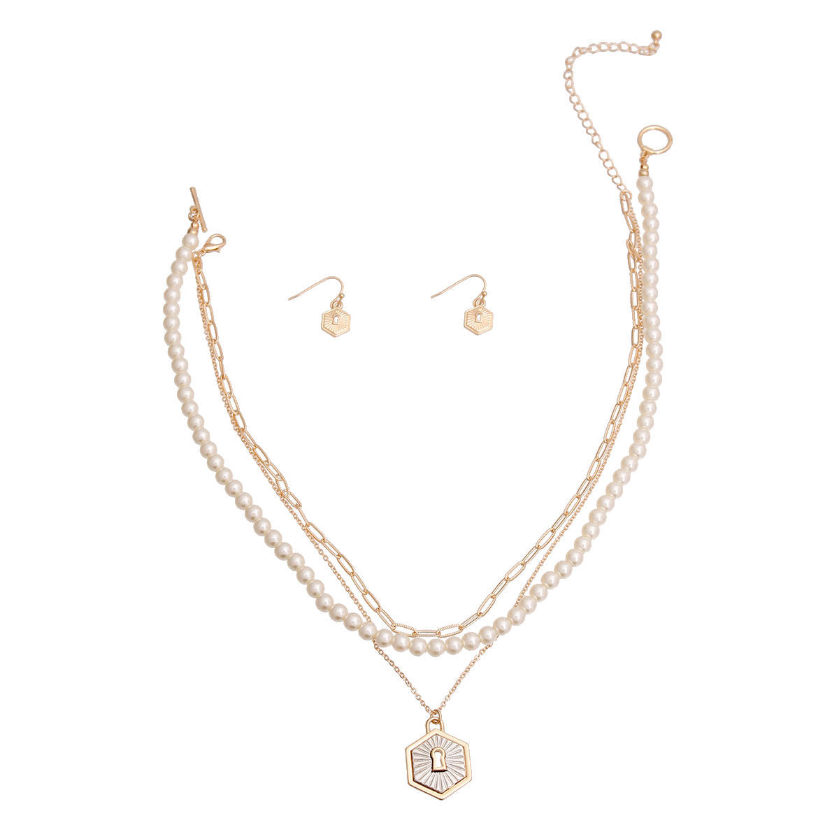 Gold 3 Layer Pearl Lock Necklace|18 inches - Premium Wholesale Jewelry from Pinktown - Just $13! Shop now at chiquestyles
