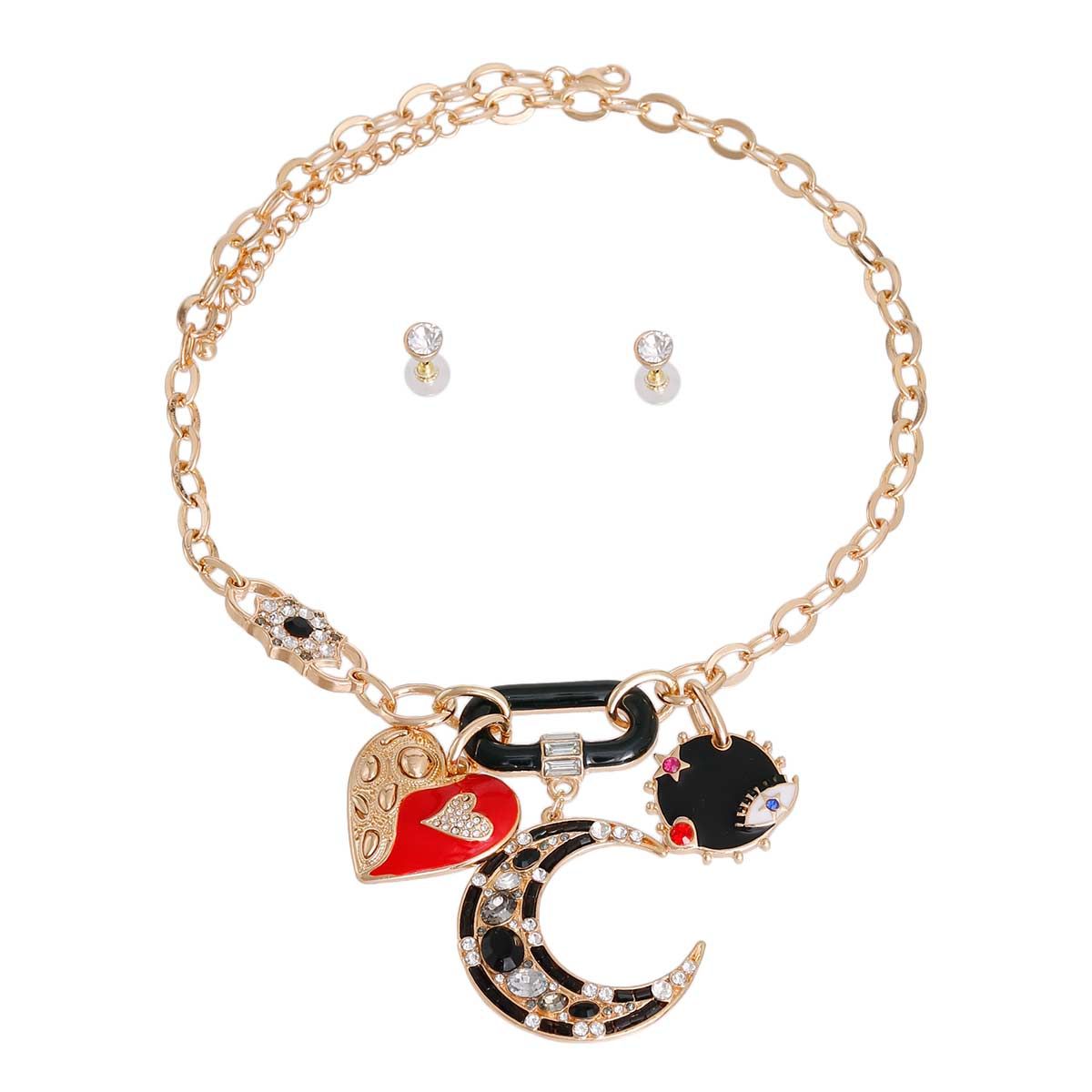 Black Moon and Heart Charm Chain|22 inches - Premium Wholesale Jewelry from Pinktown - Just $19! Shop now at chiquestyles