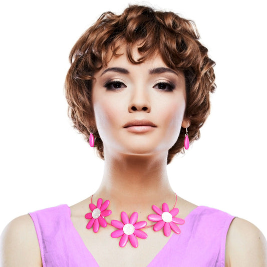 Fuchsia Triple Flower Wire Collar|17 inches - Premium Wholesale Jewelry from Pinktown - Just $12! Shop now at chiquestyles