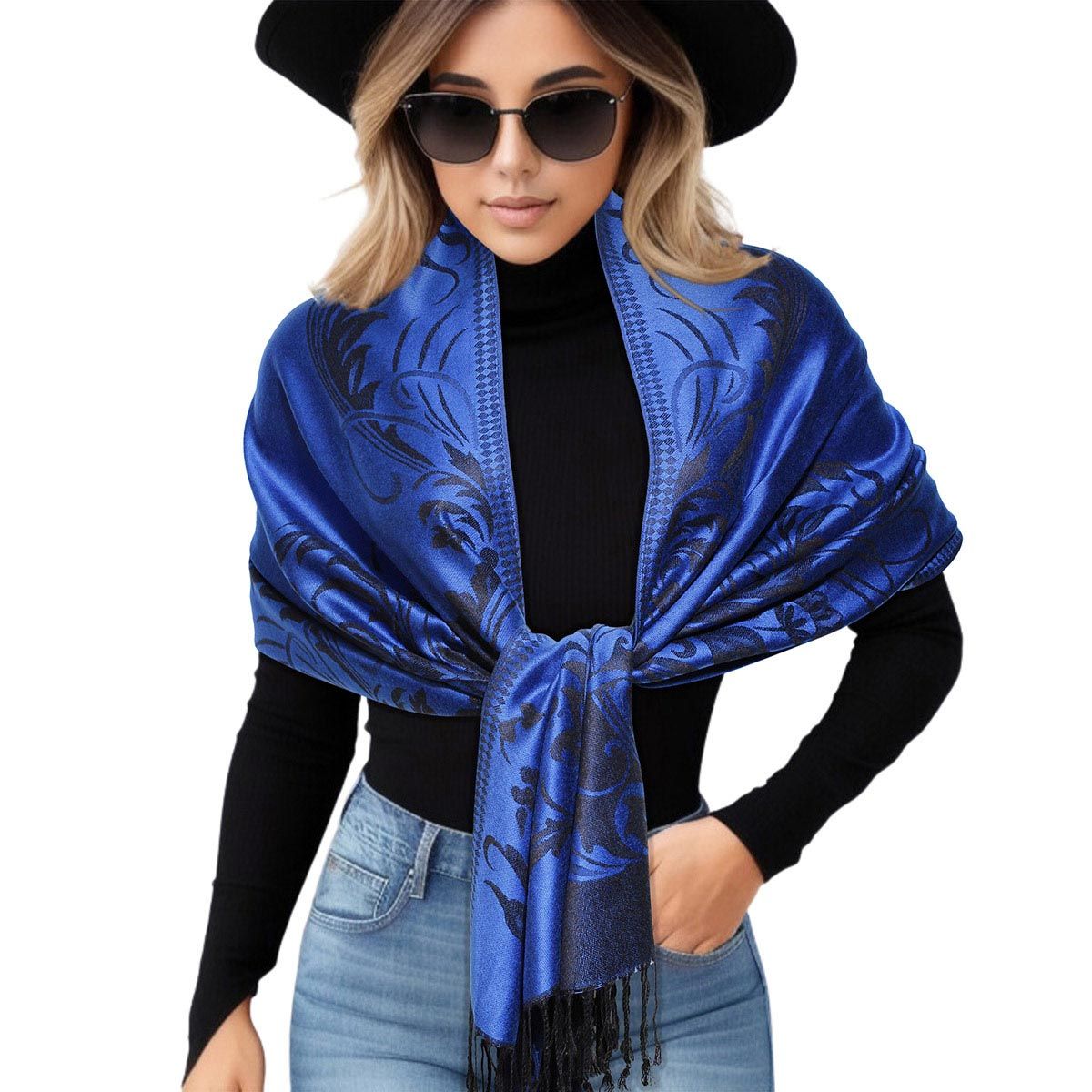 Pashmina Blue Flower Fringe Scarf for Women - Premium Wholesale Fashion Accessories from Pinktown - Just $14! Shop now at chiquestyles