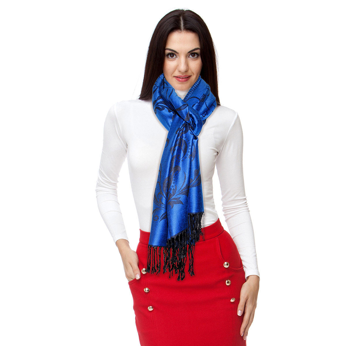 Pashmina Blue Flower Fringe Scarf for Women - Premium Wholesale Fashion Accessories from Pinktown - Just $14! Shop now at chiquestyles