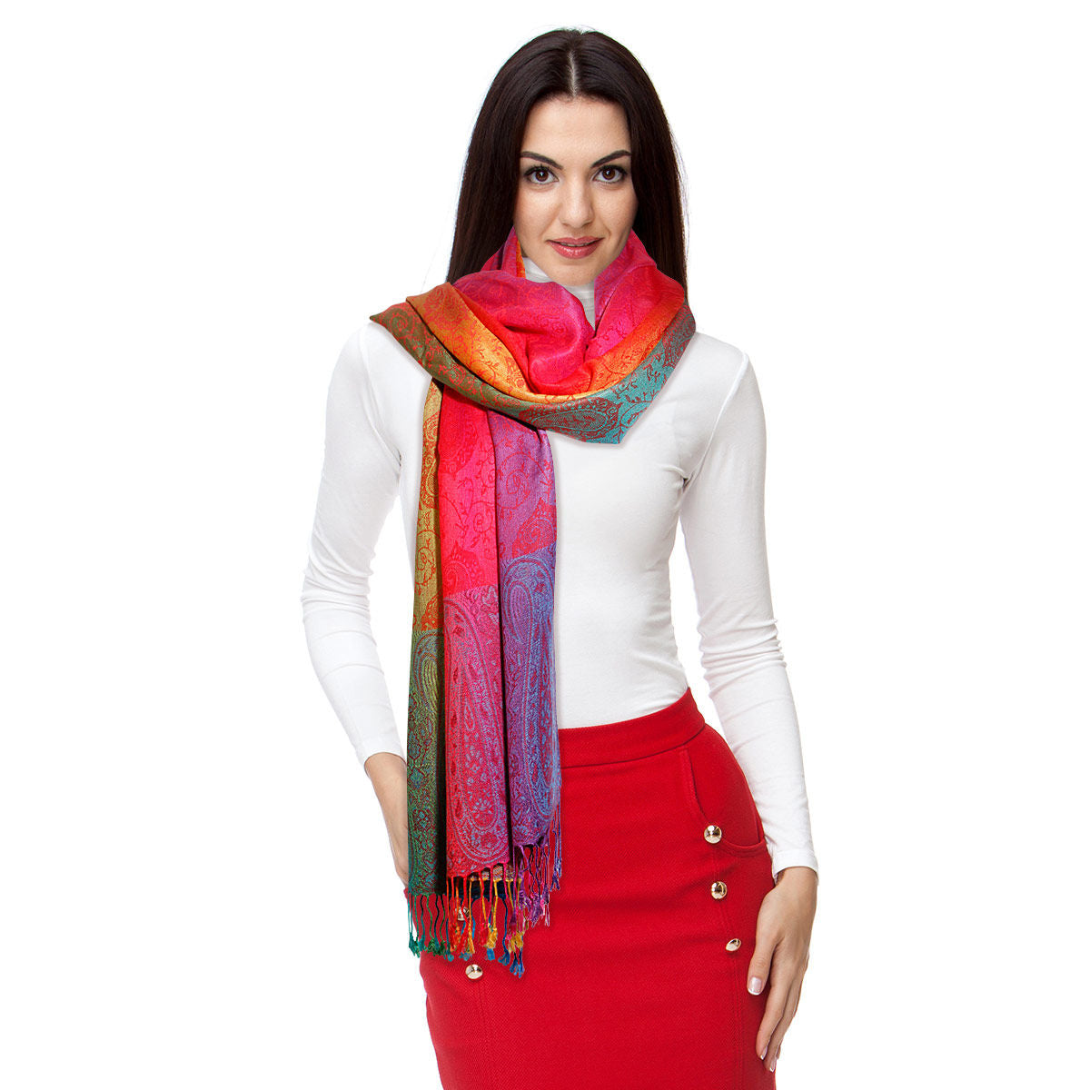 Pashmina Rainbow Red Paisley Scarf for Women - Premium Wholesale Fashion Accessories from Pinktown - Just $15! Shop now at chiquestyles