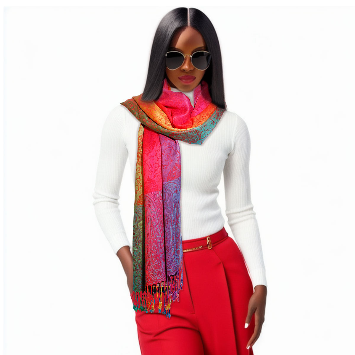 Pashmina Rainbow Red Paisley Scarf for Women - Premium Wholesale Fashion Accessories from Pinktown - Just $15! Shop now at chiquestyles