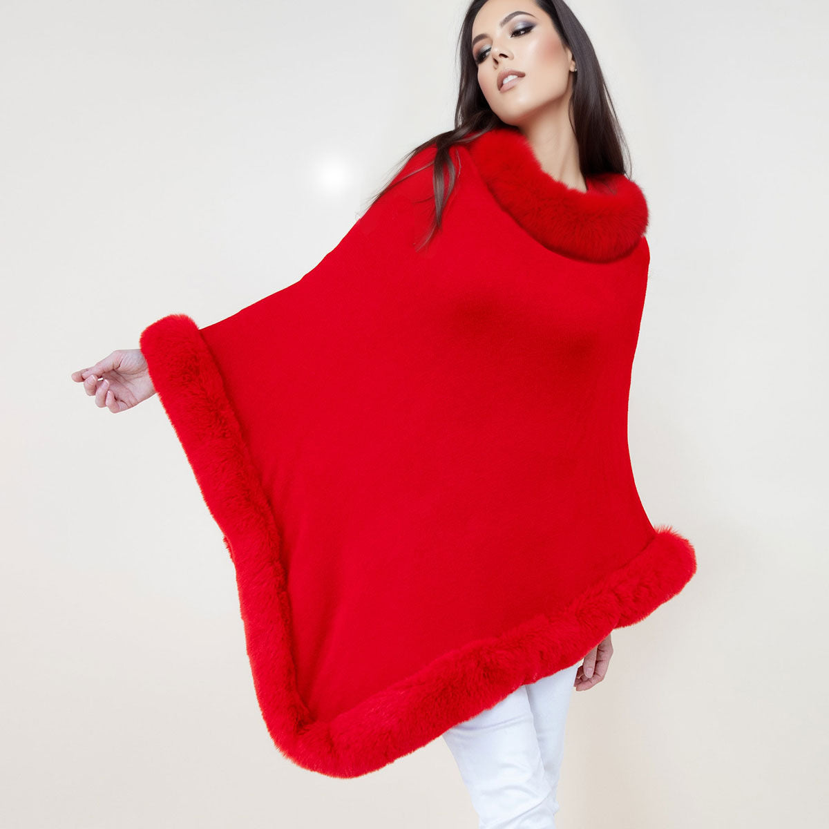 Poncho Red Fur Trim for Women - Premium Wholesale Fashion Accessories from Pinktown - Just $58! Shop now at chiquestyles