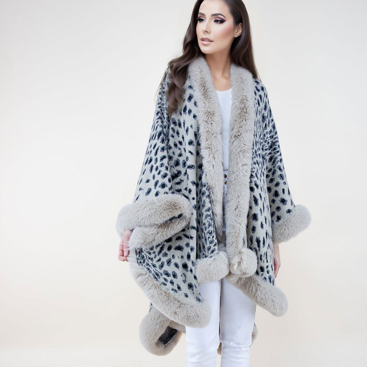 Shawl Cape Ruana Beige Cheetah Fur Wrap for Women|32 x 45 inches - Premium Wholesale Fashion Accessories from Pinktown - Just $76! Shop now at chiquestyles