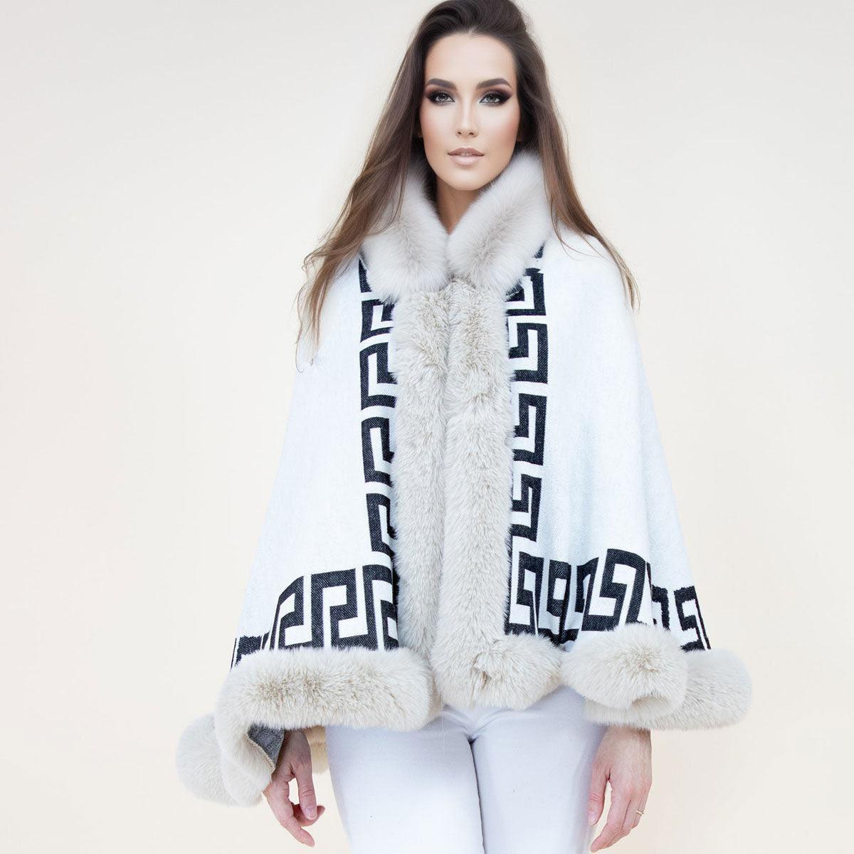 Shawl Cape Ruana Beige Greek Fur Wrap for Women - Premium Wholesale Fashion Accessories from Pinktown - Just $69! Shop now at chiquestyles