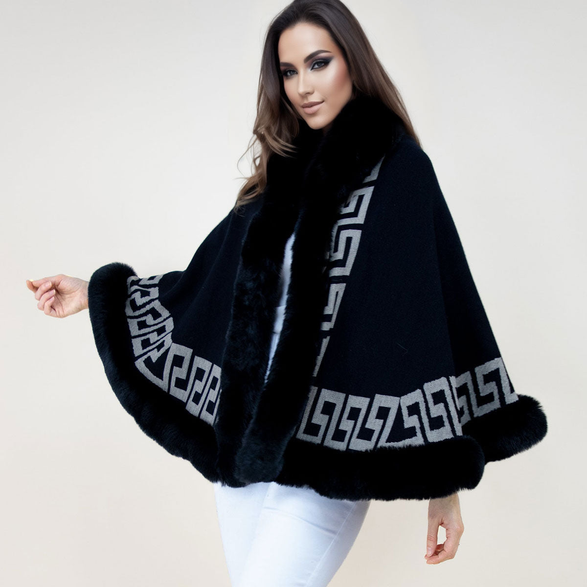 Shawl Cape Ruana Black Greek Fur Wrap for Women - Premium Wholesale Fashion Accessories from Pinktown - Just $69! Shop now at chiquestyles