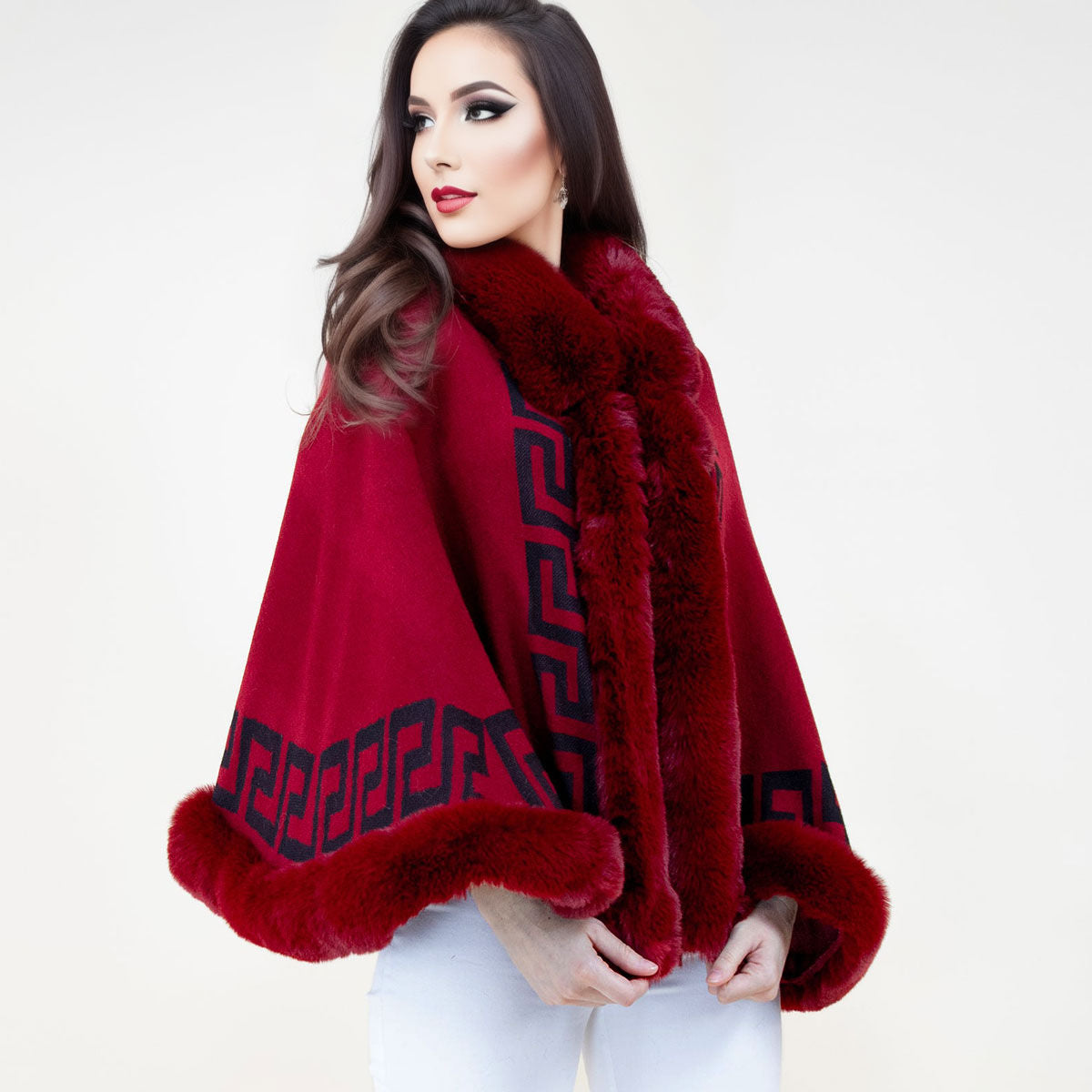 Shawl Cape Ruana Burgundy Greek Fur Wrap for Women - Premium Wholesale Fashion Accessories from Pinktown - Just $69! Shop now at chiquestyles